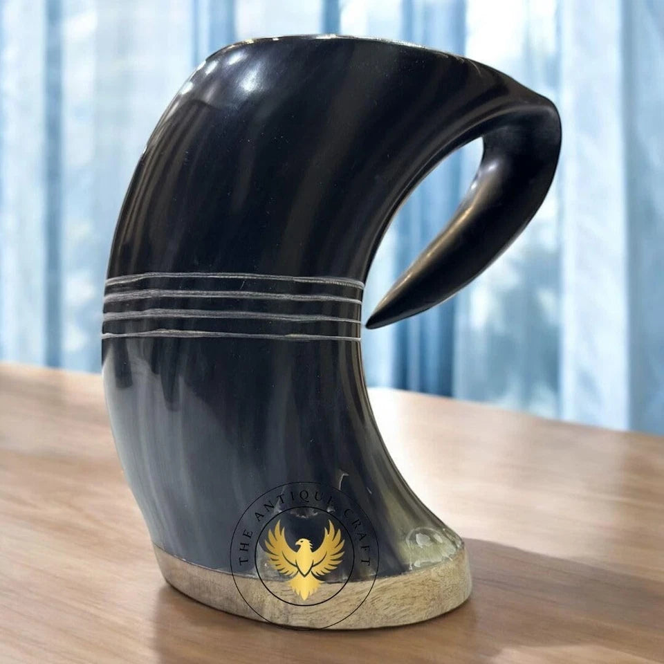 Handmade Viking beer mug crafted from real horn for ceremonial Norse drinkware