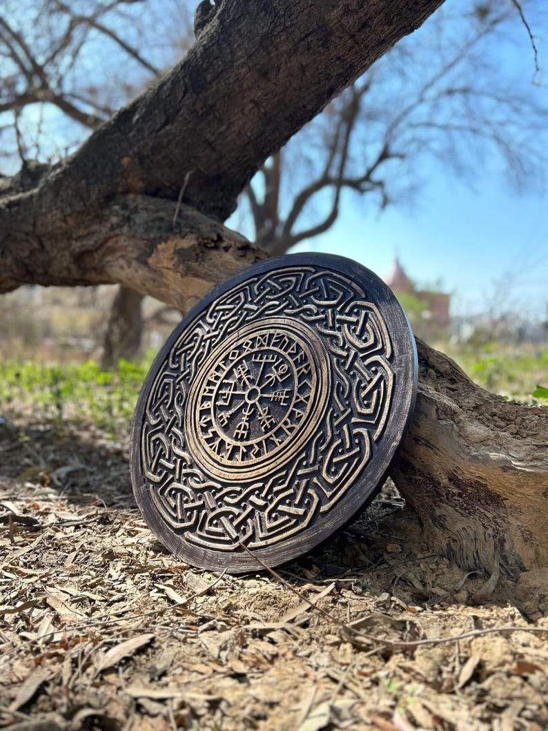 Handmade Viking Runic Shield with Norse-inspired details for wall and home decor