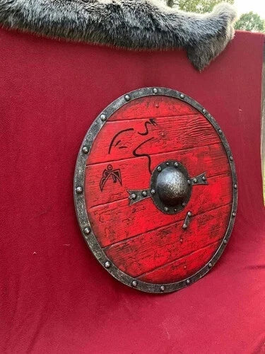 Back view of handmade Viking shield showing straps for wearable use