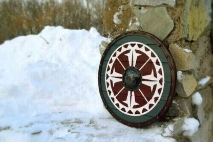 Close-up of heavy metal fittings on handmade Viking shield