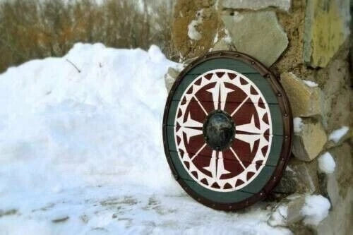 Close-up of heavy metal fittings on handmade Viking shield