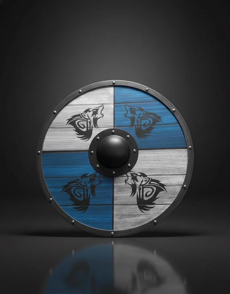 Handmade Viking Shield featuring Norse wolf design, solid wood construction, and metal boss for authentic Viking warrior wall decor and cosplay use
