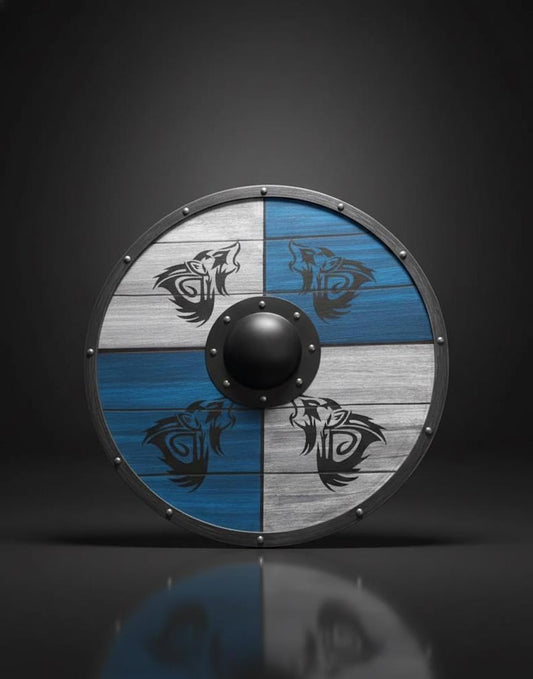 Handmade Viking Shield featuring Norse wolf design, solid wood construction, and metal boss for authentic Viking warrior wall decor and cosplay use