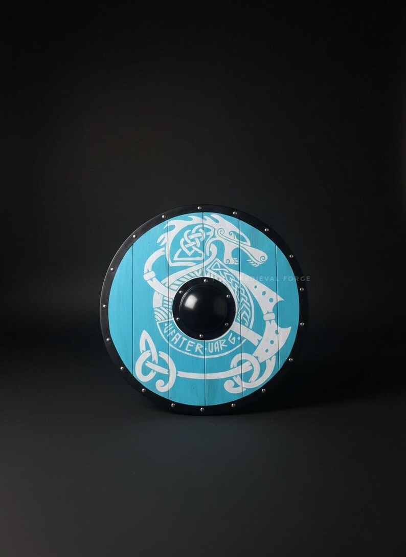 Handmade Blue Norse Dragon Viking Shield as decorative wall art