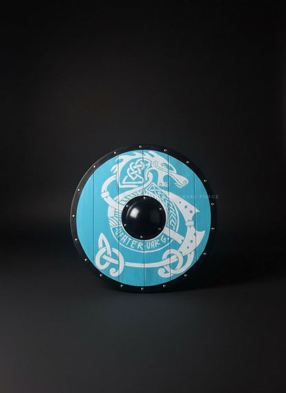 Handmade Blue Norse Dragon Viking Shield as decorative wall art