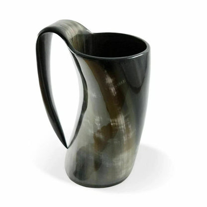 Handcrafted Viking tankard made from natural horn - side angle display