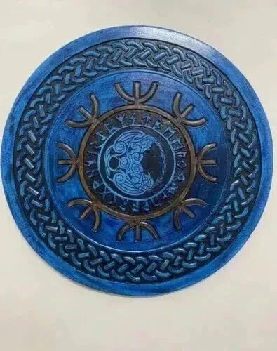 Front view of 22-inch handmade Viking wooden shield with Norse battle design
