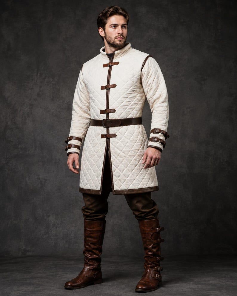 Handmade White Gambeson Coat for men's medieval reenactment costume