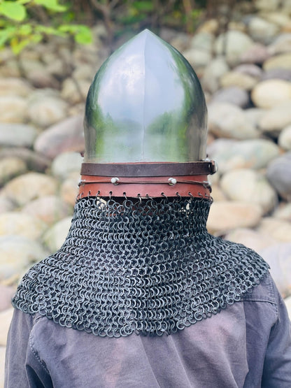 Close-up of the helmet with chainmail, highlighting the detailed craftsmanship and durable steel.