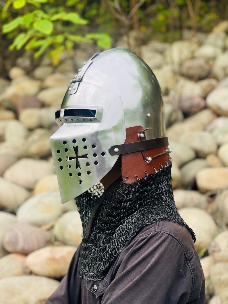 Helmet with visor perfect for medieval cosplay and historical reenactments.