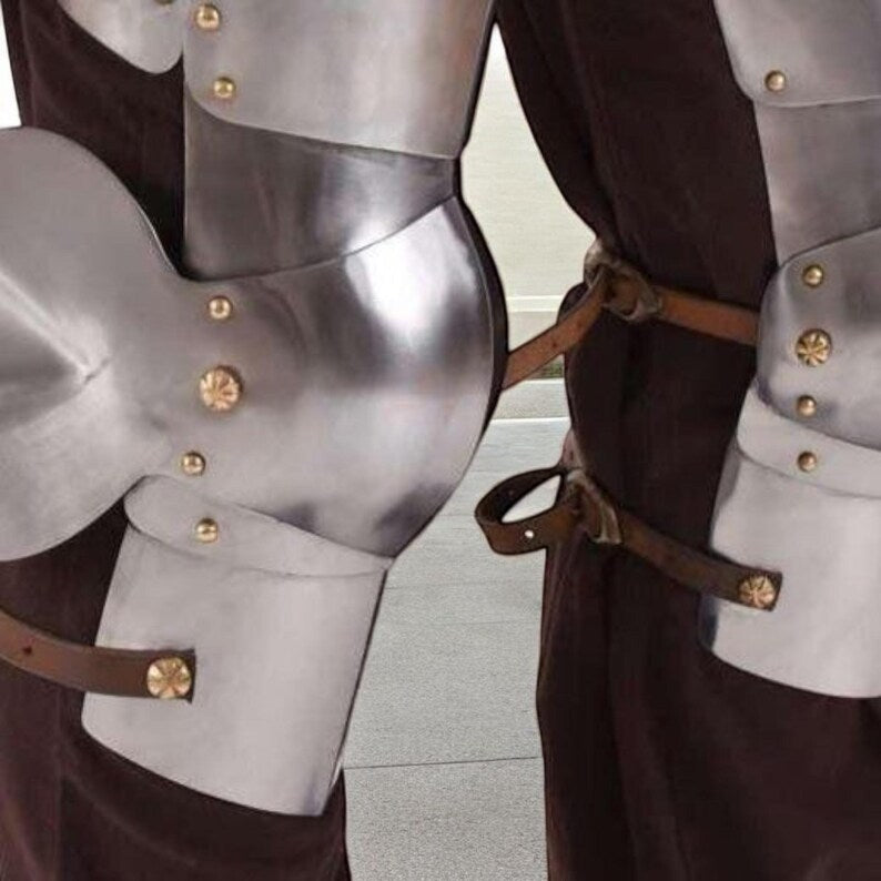 High-quality 18 gauge steel leg armor crafted for authentic gothic plate armor costumes