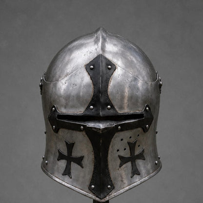 Historical Reenactment Crusader Helmet wearable medieval armor headpiece ideal for Renaissance fairs, LARP events, and costume enthusiasts.