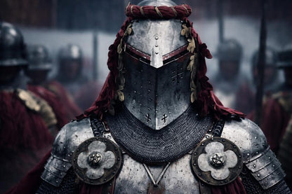 Historical Reenactment Crusader Helmet with attached chainmail aventail and cloth cloak, showcasing authentic medieval warrior craftsmanship.