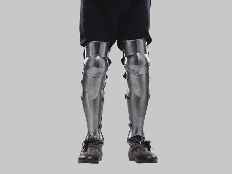 Historical reenactment knight armor leg greaves full set in polished steel ideal for collectors cosplay and stage performance