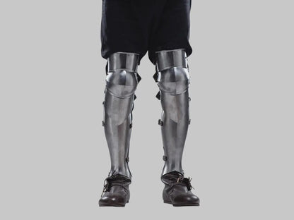 Historical reenactment knight armor leg greaves full set in polished steel ideal for collectors cosplay and stage performance
