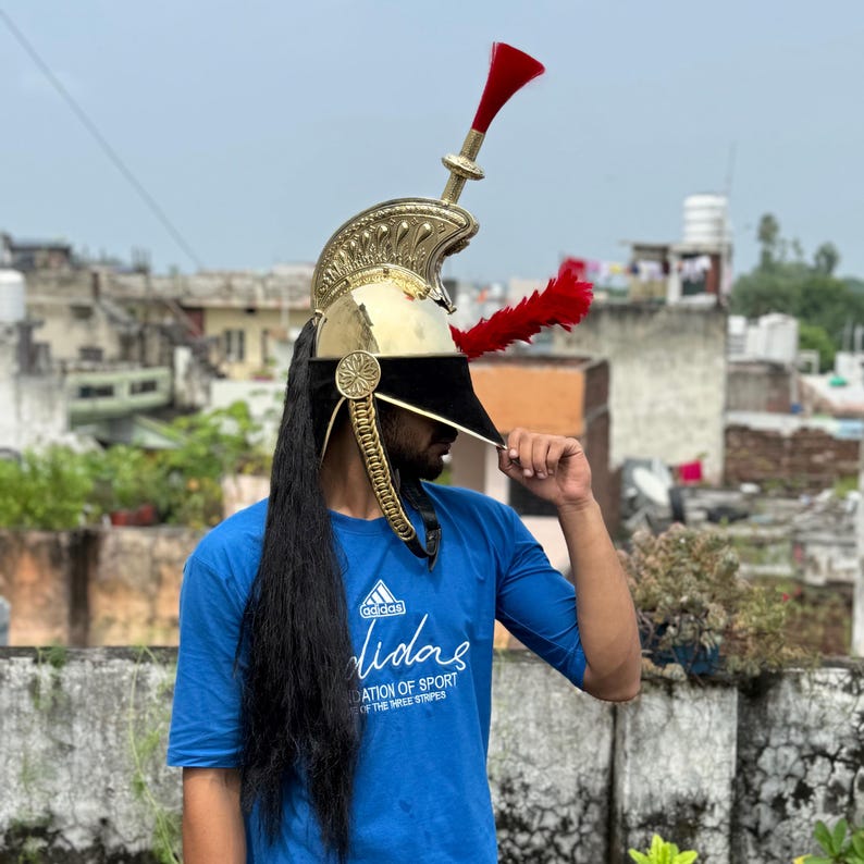 Historical reenactment featuring Napoleon Brass Pickelhaube Helmet with polished brass finish