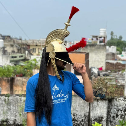 Historical reenactment featuring Napoleon Brass Pickelhaube Helmet with polished brass finish