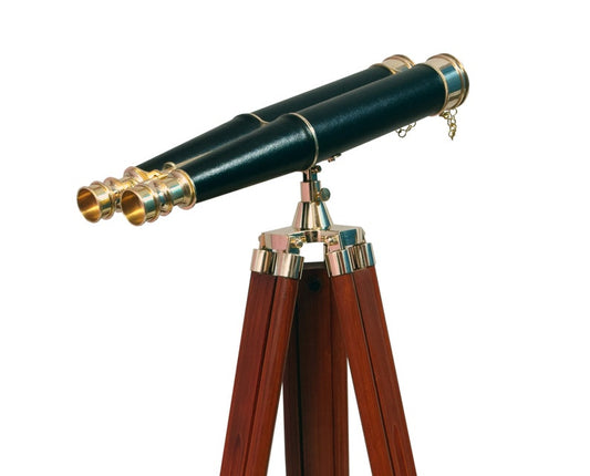 Brass Binocular for Distant Views Mounted on Wooden Tripod Stand
