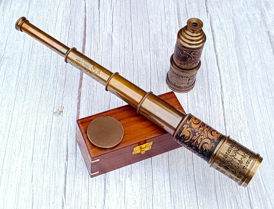 Personalized Telescope with Antique Brass Finish on Wooden Stand
