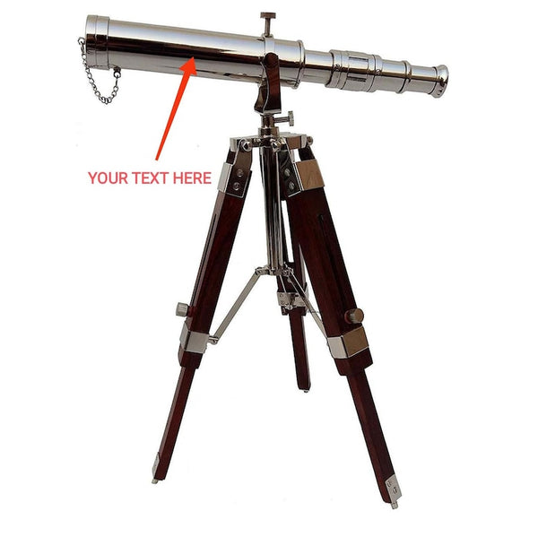 Personalised Antique Telescope with Brass Tripod Stand and Wooden Detailing