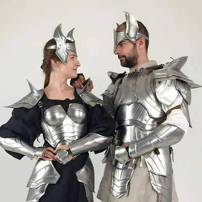 Couple cosplay costume featuring wearable medieval armor for Halloween or fantasy events

