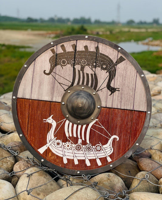 Wooden Shield - Viking Round Shield for Medieval Warrior | Norse Drakkar Wooden Shield Wall Décor | Handmade Historical Shield – Best Gift for History Buffs & Reenactments