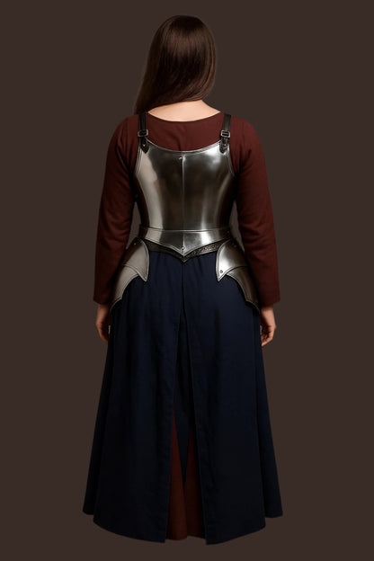 Cosplay armor for women featuring polished steel tassets and corset armor in fantasy style