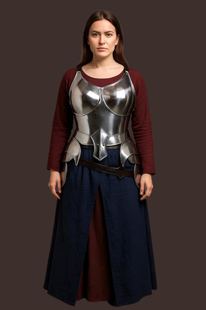 Medieval lady armor showing sculpted steel corset and adjustable leather straps