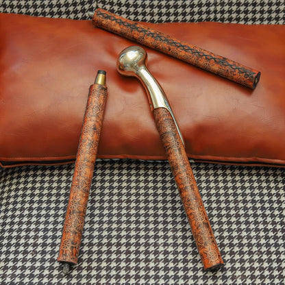 Hand-Carved Wooden Walking Cane with Brass Handle – Decorative Antique-Style Walking Stick for Men, Handmade Gift