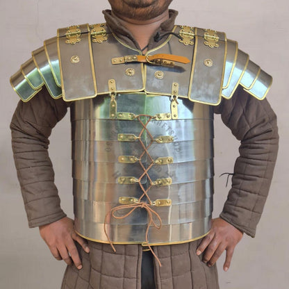 Handcrafted Roman legionary armor with flexible steel plates and leather straps for LARP