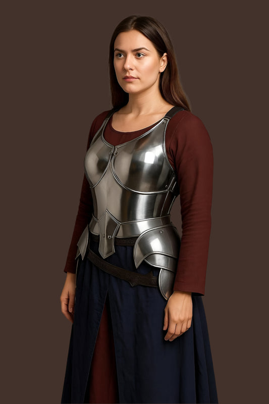 Front view of women's LARP armor steel corset with tassets for cosplay or reenactment