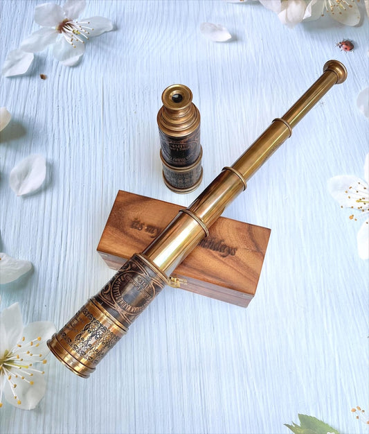 Personalized Brass Telescope with Antique Finish Displayed on Wooden Table
