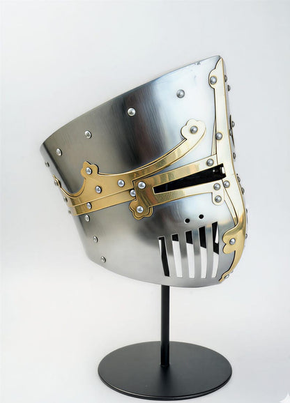 Crusader Helmet Medieval Armor for LARP, Cosplay, Ren Faire – Authentic Brass Cross Barrel Pot Style Helmet for Historical Reenactment and Costume