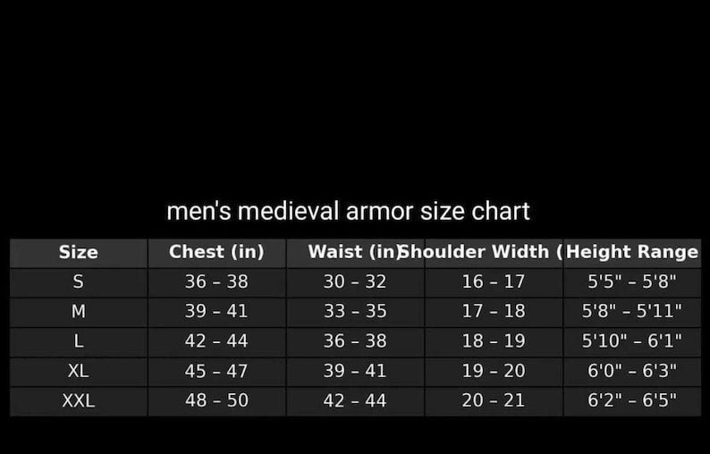 Men's medieval armor size chart on a black background