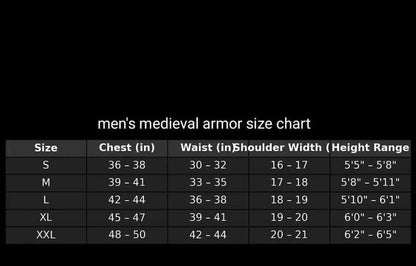 Men's medieval armor size chart on a black background