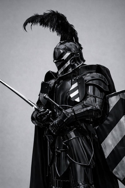 Black Crusader Knight Full Body Armor Black and white image of a knight in full armor with a shield and spear on a gray background