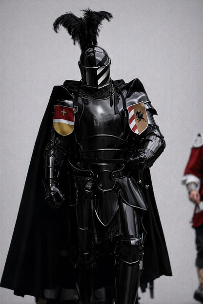 Black Crusader Knight Full Body Armor Person in full black armor with a cape and feathered helmet on a plain background