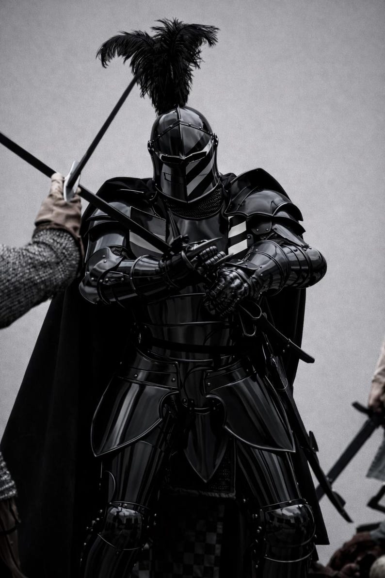 Black Crusader Knight Full Body Armor Person in dark medieval armor with a spear on a gray background