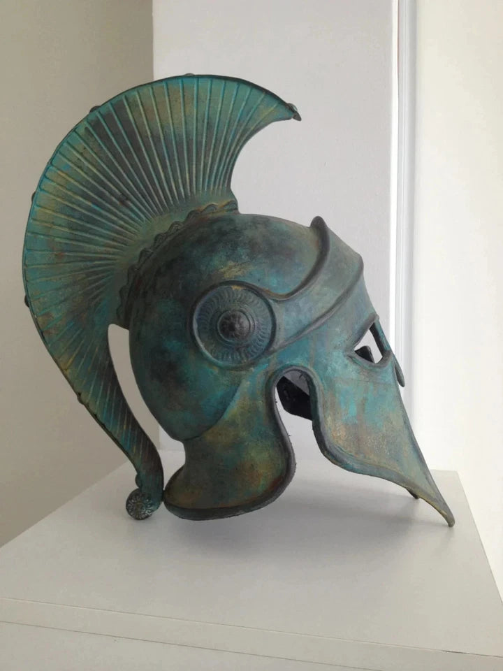 Iron steel Greek warrior helmet inspired by ancient Hoplite armor for history enthusiasts and Greek mythology displays