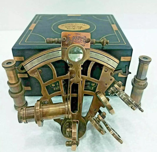 J. Scott antique brass sextant with nautical astrolabe and engraved wooden box

