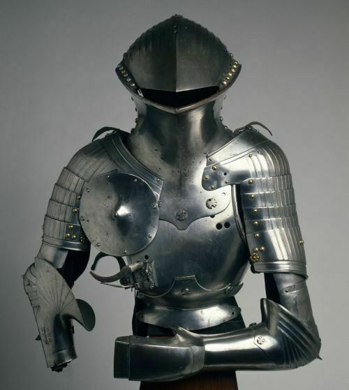Front view of Medieval Jousting Armor Suit with Frog Mouth Helmet – Full body combat armor by Artisans Hub

