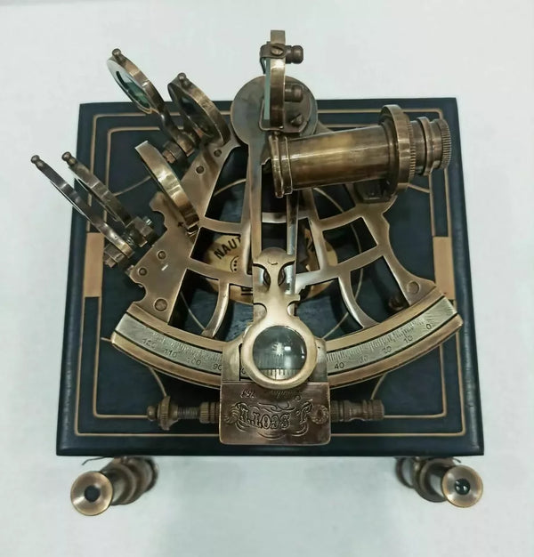 J.SCOTT antique brass nautical sextant with engraved wooden astrolabe box

