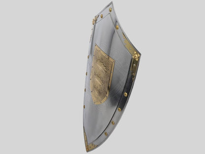 Close-up of King Arthur Templar Knight Shield with detailed crown engraving