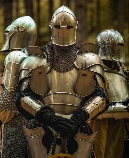 Complete battle-ready knight armor suit designed for LARP, cosplay, or medieval reenactment, fully assembled and made of 18 gauge steel.

