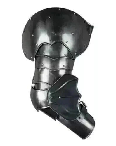 Side view of arm armor set from black medieval knight costume, including bracers and vambraces for full LARP-ready appearance.

