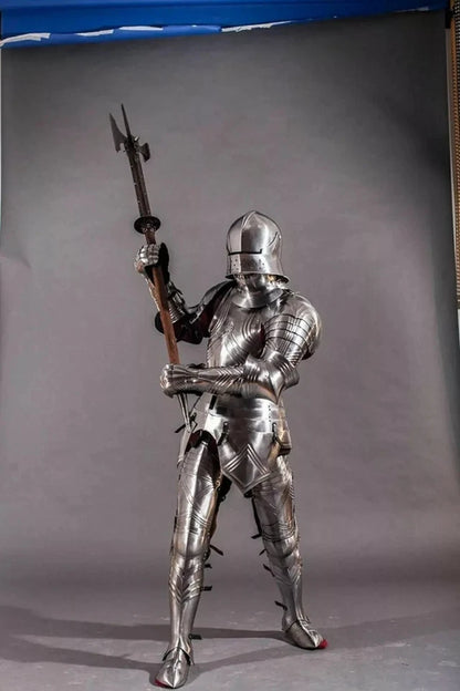 Side angle of handcrafted Crusader knight armor showing detailed side profile and leather strap fittings.