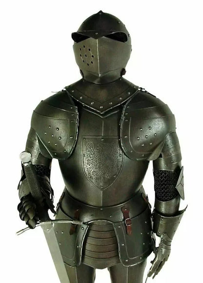 Close-up of Crusader knight helmet showing detailed handcrafted steelwork