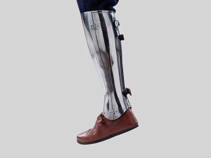 Hinged leg greaves offering authentic knight protection in 18 gauge steel