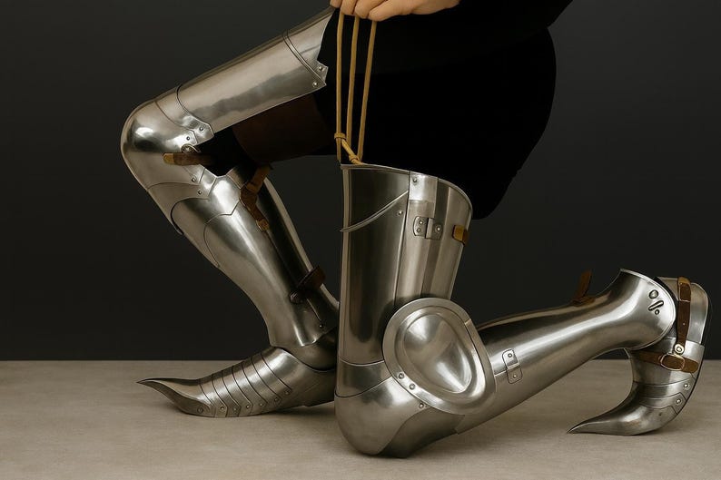 Polished knight sabatons part of Medieval Steel Leg Armor set for costume and stage