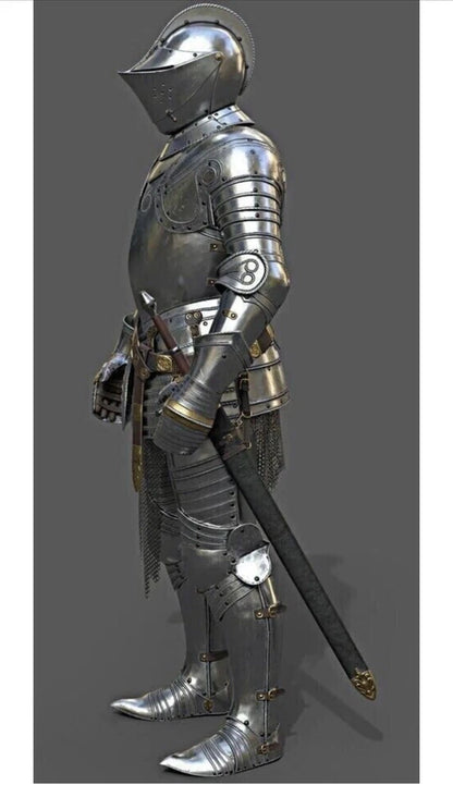 Side angle showing detailed construction of steel knight armor